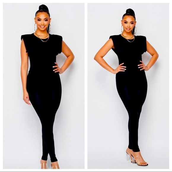 J. ELISE BOUTIQUE FITTED BODYCON BLACK POWER SHOULDER SLEEVELESS SOLID JUMPSUIT - Picture 5 of 6